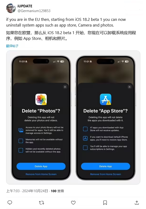 茂县苹果手机维修分享iOS 18.2 支持删除 App Store 应用商店 